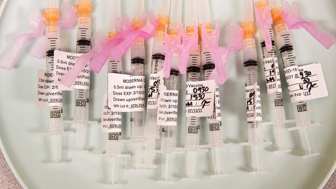 Prepared syringes of Moderna COVID-19 in Modesto, Calif., on Wednesday, Feb. 10, 2021.