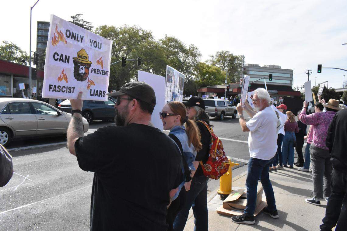 Several hundred people packed all the corners at the Five Points intersection in downtown Modesto on Saturday, April 5, for a Hands Off rally and march. It was part of a nationwide day of action to declare ‘Hands off’ to President Donald Trump and Elon Musk.
