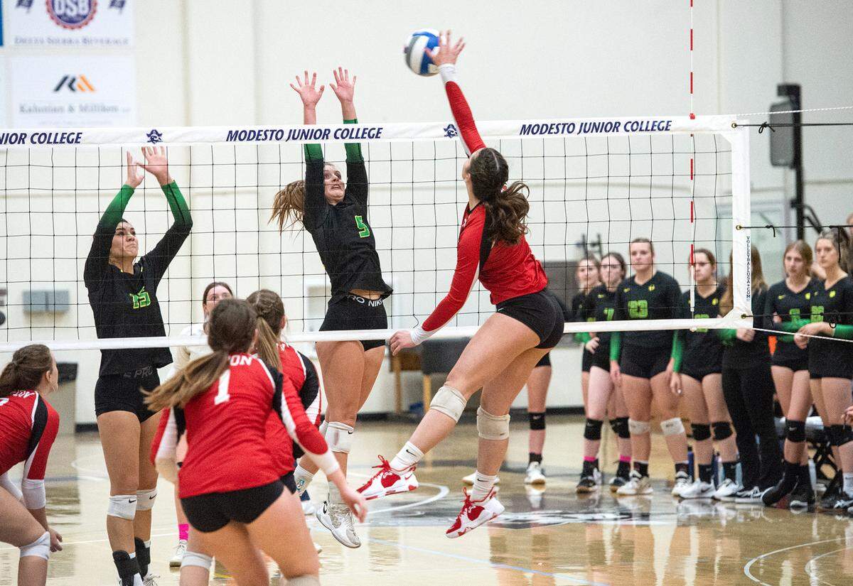 Ripon’s Avery McKiernan spikes the ball during the Sac-Joaquin Section Division 4 Section final with Sonora at Modesto Junior College in Modesto, Calif., Saturday, Nov. 5, 2022. Ripon won the title 3-1.