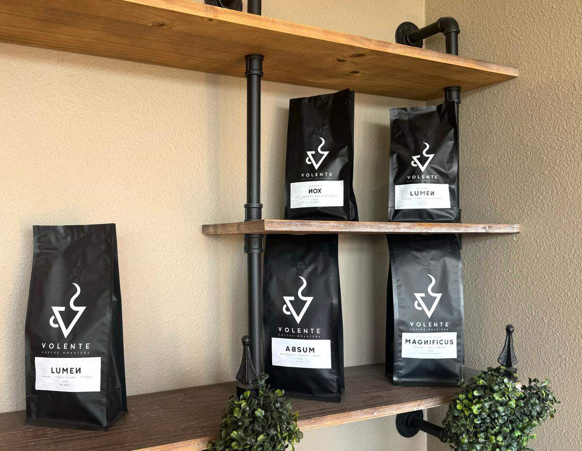 Volente Coffee Roasters displays four varieties, called Lumen, Nox, Magnificus and Absum, in Modesto, Friday, Jan. 10, 2025.