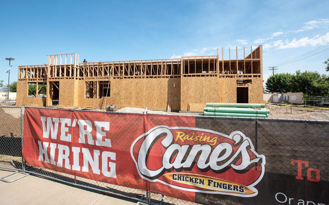 Construction on Raising Cane’s Chicken Fingers restaurant at the North Pointe Shopping Center on Pelandale Avenue in Modesto, Calif., on Tuesday, July 26, 2022.
