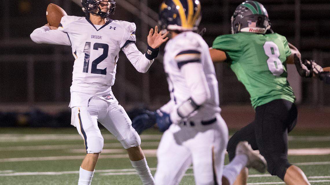 Gregori’s Baker Melendez makes a pass during the CCAL game with Pitman at Joe Debely Field in Turlock, Calif., on Friday, Oct. 5, 2018.