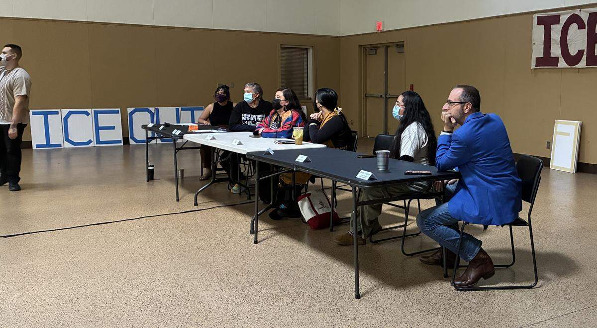 Panelists face the audience at the ICE Out town hall meeting at St. Paul’s Episcopal Church in Modesto on Feb. 7, 2026.