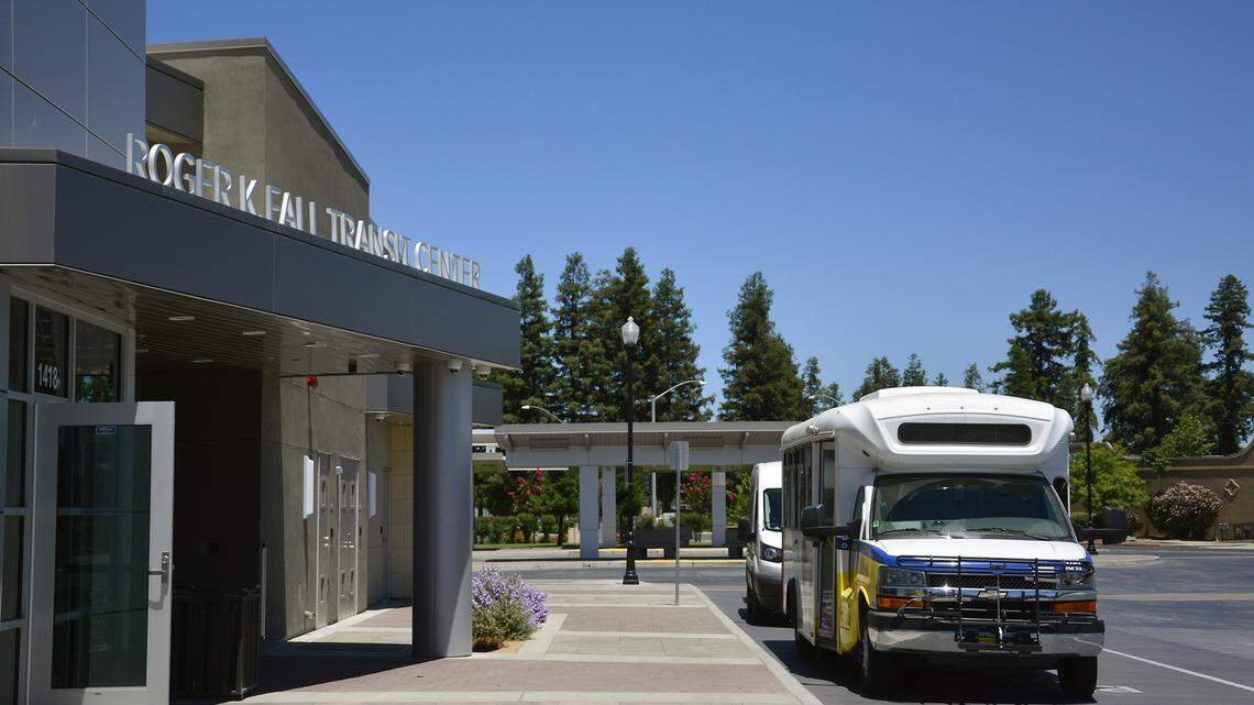 Buses are pictured Thursday July 11, 2019 at Turlock’s Roger K. Fall Transit Center on Hawkeye avenue. Turlock Transit is providing free shuttle service to the Stanislaus County Fair.
