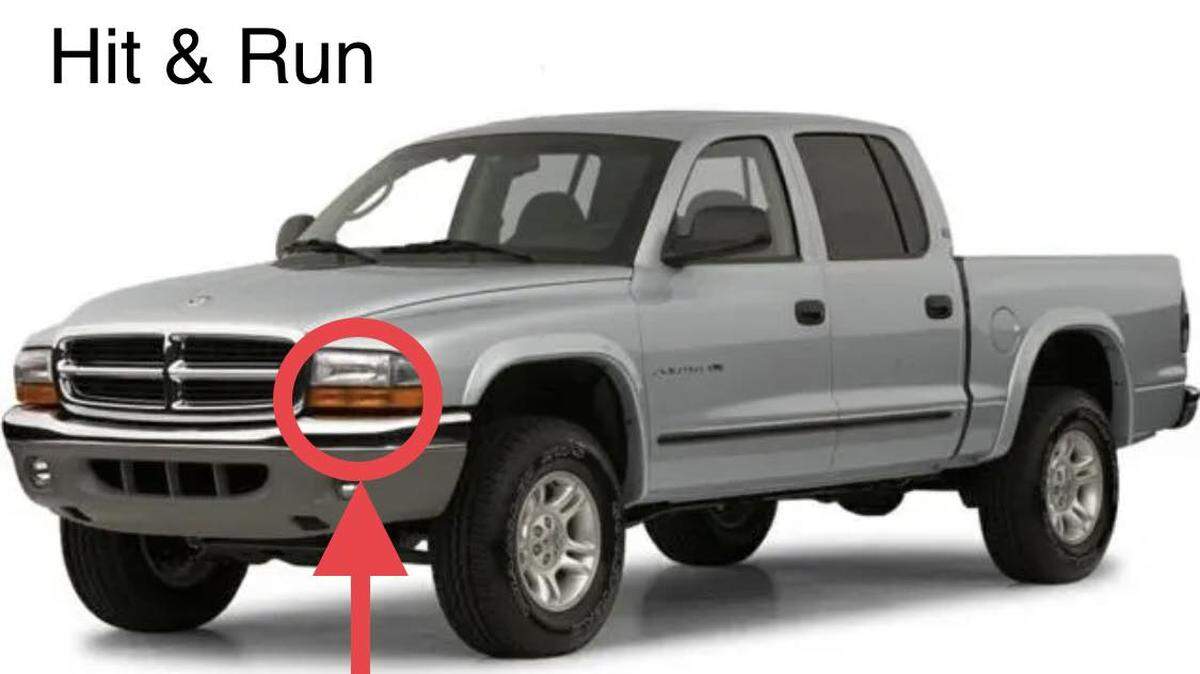 The California Highway Patrol released this image of a pickup truck similar to the one believed to be driven in a fatal hit-and-run crash in west Modesto on Monday. The arrow shows where the gray Dodge Dakota likely has damage to the left front headlamp and body.