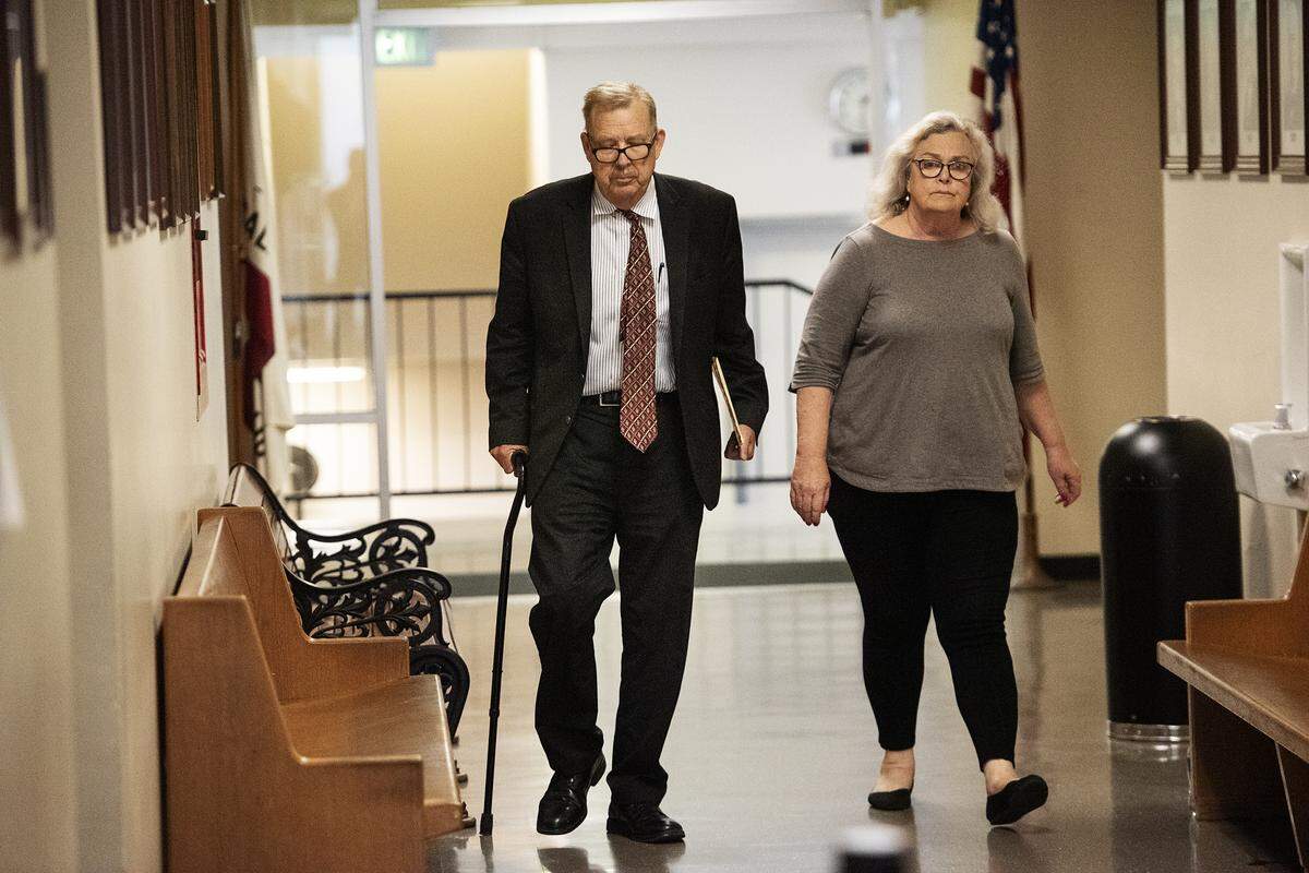 Frank Carson and his wife Georgia DeFilippo arrive at the Stanislaus County Superior Courthouse in Modesto, Calif., Friday, June 14, 2019.