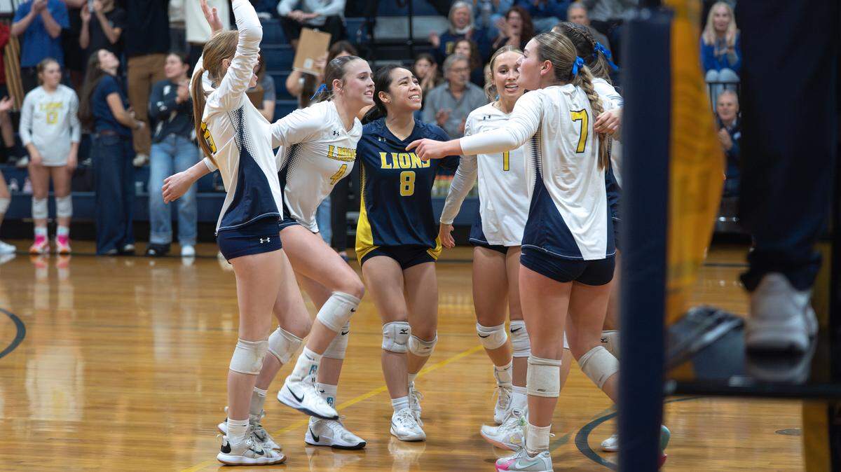 Big Valley Christian players celebrate after a point during the CIF Division VI Northern California regional semifinals against Etna in Modesto on Saturday, Nov. 15, 2025.