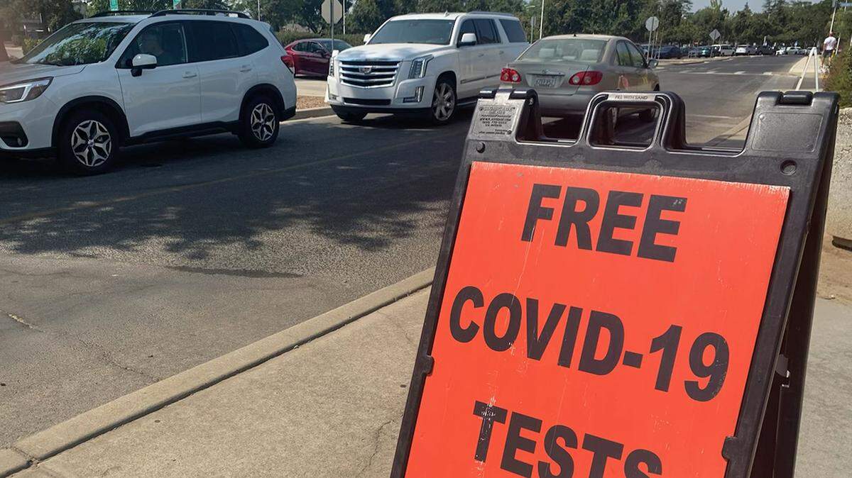 People line up in their cars for Covid-19 testing at California State University, Stanislaus in Turlock, Calif., on Monday, Aug. 23, 2021.