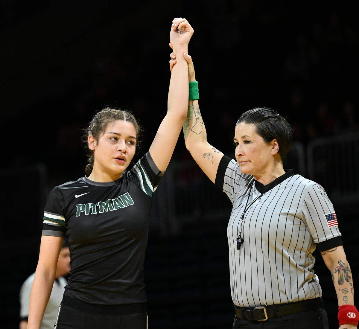 Pitman’s Yzabella Austin won with a pin of Natalin Hout of Cesar Chavez in the 140-pound title match at the Sac-Joaquin Section Masters Wrestling Championships at Adventist Health Arena in Stockton, Saturday, Feb. 22, 2025.