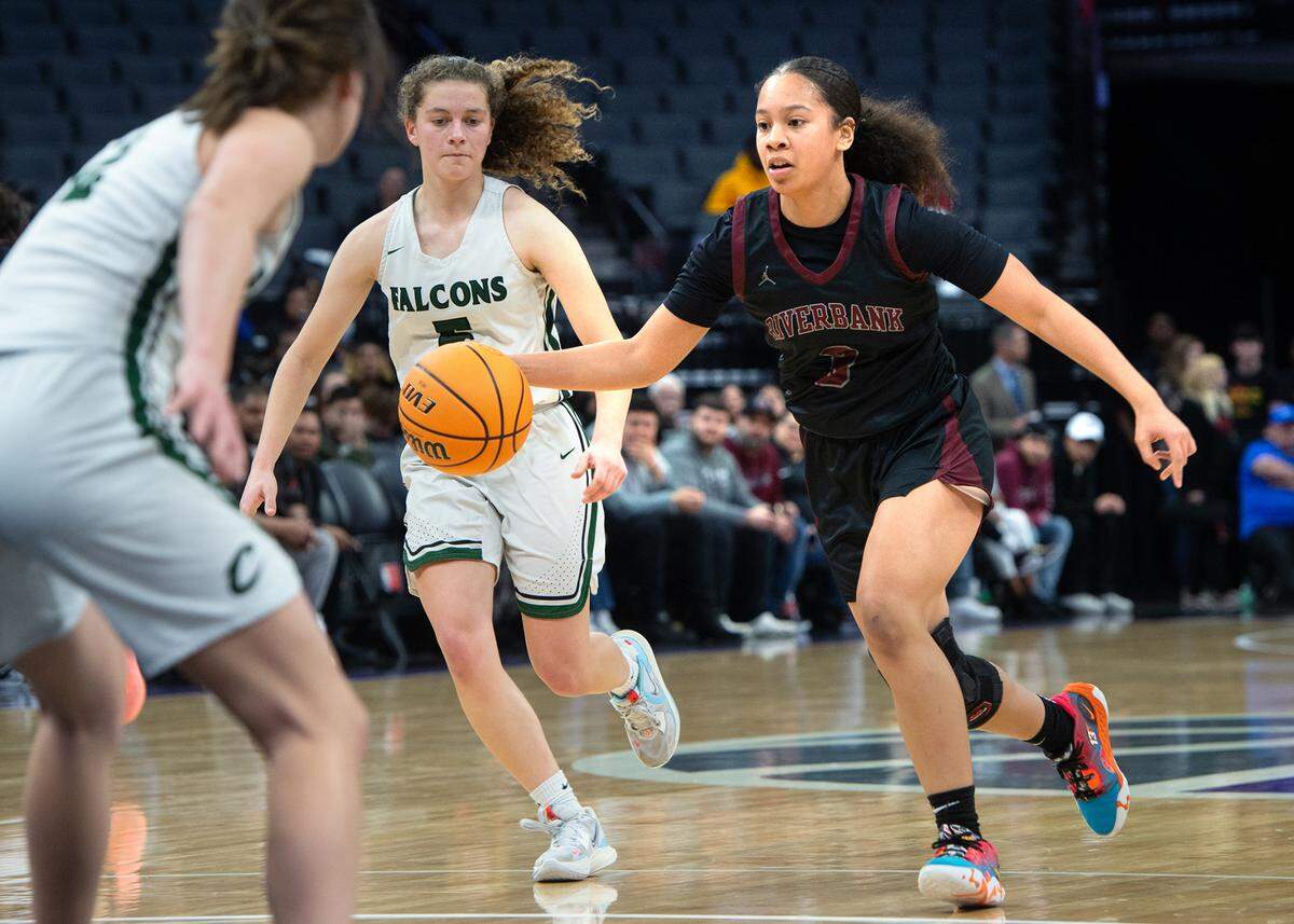 Riverbank’s Sione Mol advances the ball during the Sac-Joaquin Section Division IV championship game with Colfax at Golden 1 Center in Sacramento, Calif., Friday, Feb. 24, 2023.