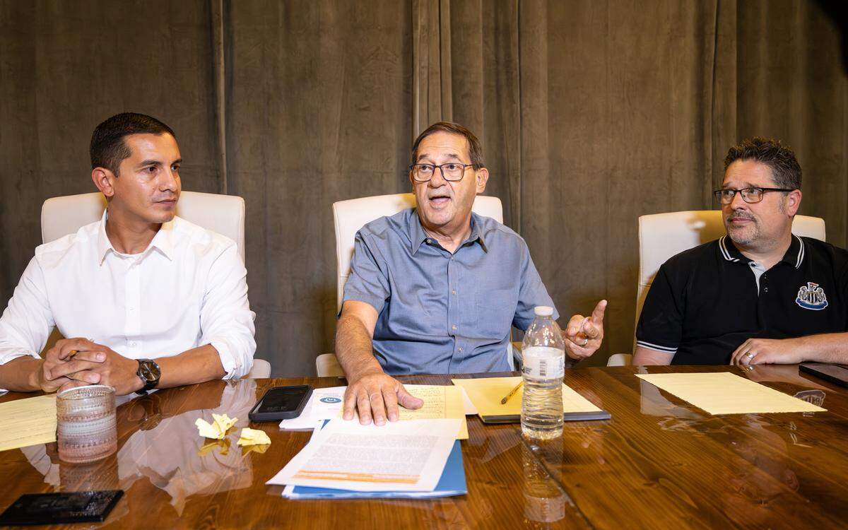 Modesto Bee Editorial Board discussion on safe camping with three Modesto City Council members, from left, Eric Alvarez, Nick Bavaro, and Chris Ricci in Modesto on Aug. 23, 2023.