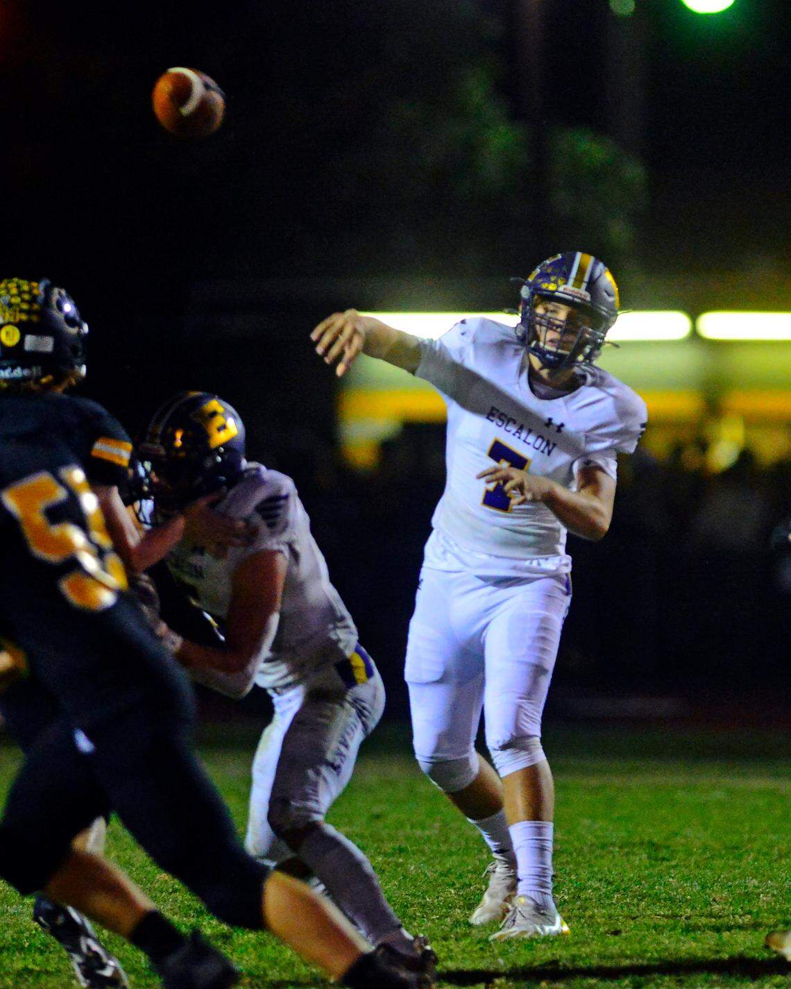 Escalon quarterback Donovan Rozevink (7) throws a pass during a football game between Hughson High School and Escalon High School at Hughson High School in Hughson California on September 17, 2021