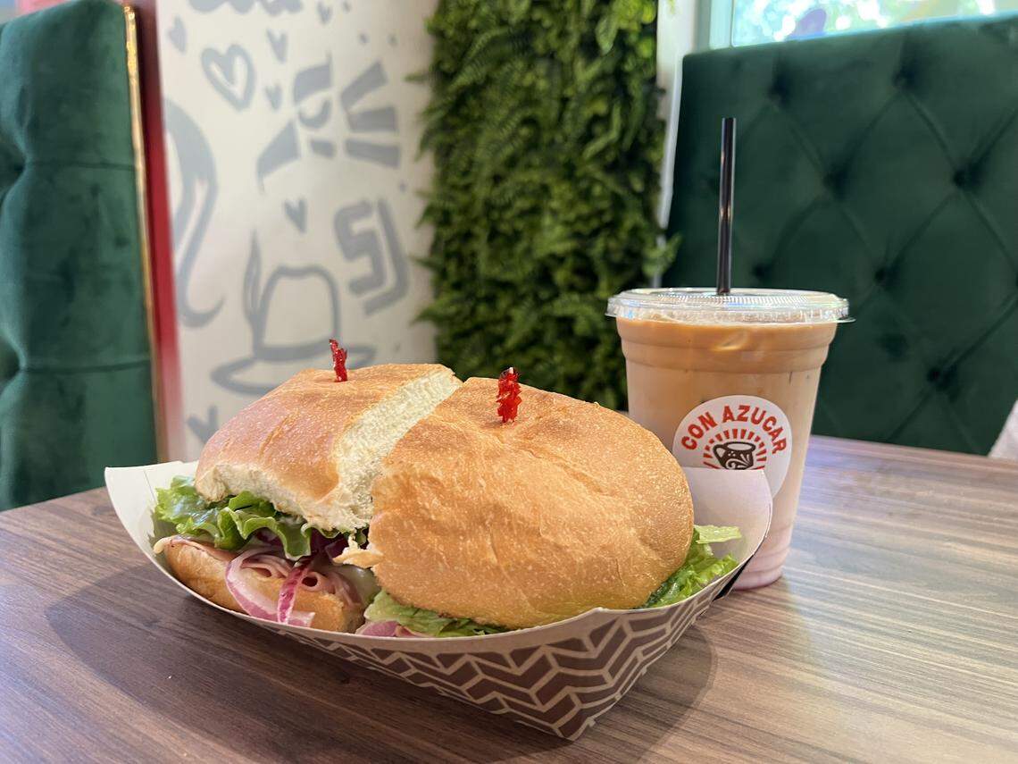 A 16-ounce Duvalin-inspired latte and a torta de jamo at Con Azucar Cafe in Modesto, California.