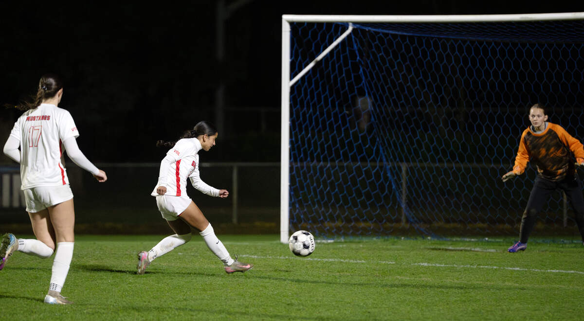 Oakdale’s Layla Garcia-Gonzalez scores a goal during the Valley Oak League match with Central Catholic at Central Catholic High School in Modesto, Wednesday, Jan. 28, 2026. Oakdale won the match 4-1.