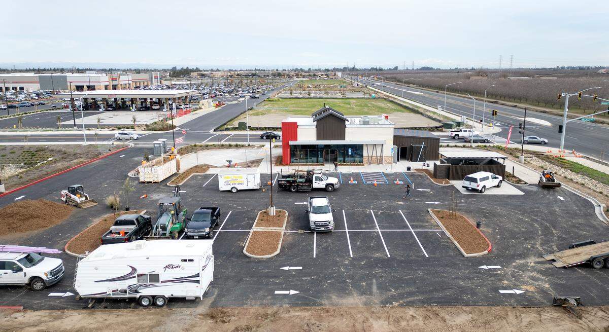 A Wendy’s restaurant is under construction at the Crossroads West shopping center in Riverbank, Tuesday, Feb. 11, 2025.