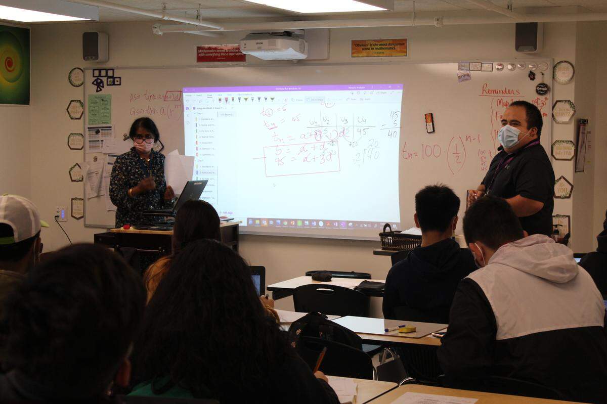General education teacher Renuka Prakash and Education Specialist Jorge Vega co-teach a math class at Aspire Vanguard College Preparatory Academy in Modesto on Nov. 19.