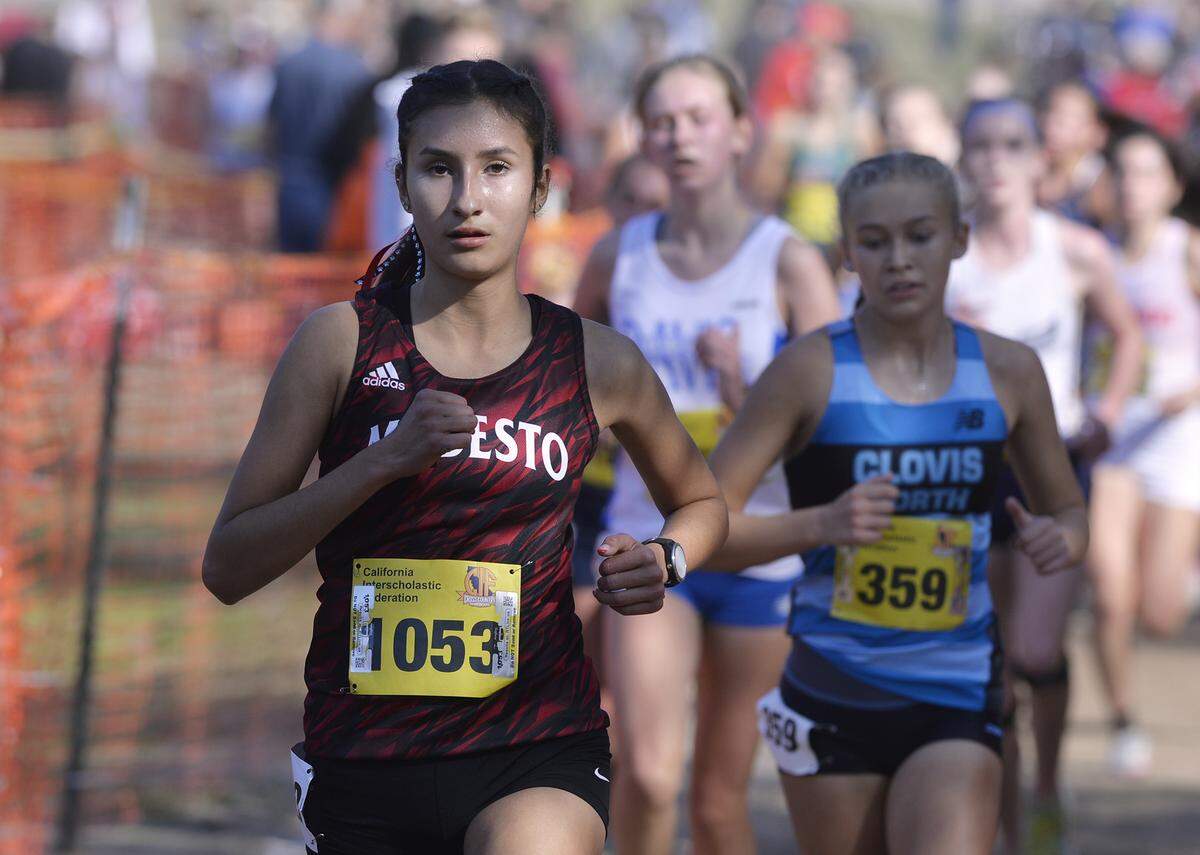 Modesto’s Melissa Barajas, seen in the Girls Division I race at the CIF state cross country championships held at Woodward Park Saturday, Nov. 27, 2021 in Fresno.