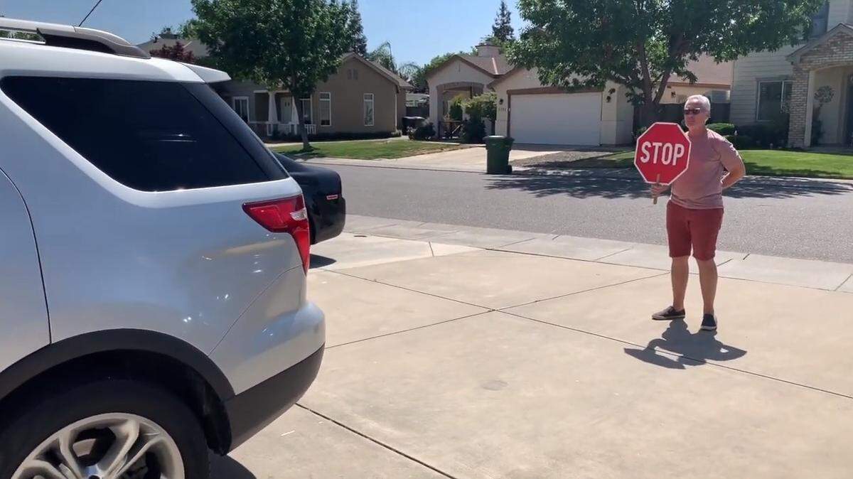 In this still from his “Coronavirus” parody song and video, Tuolumne Elementary School teacher Ronald Boren shows he’ll go the distance to keep family members from going any distance as they shelter in place during the pandemic.