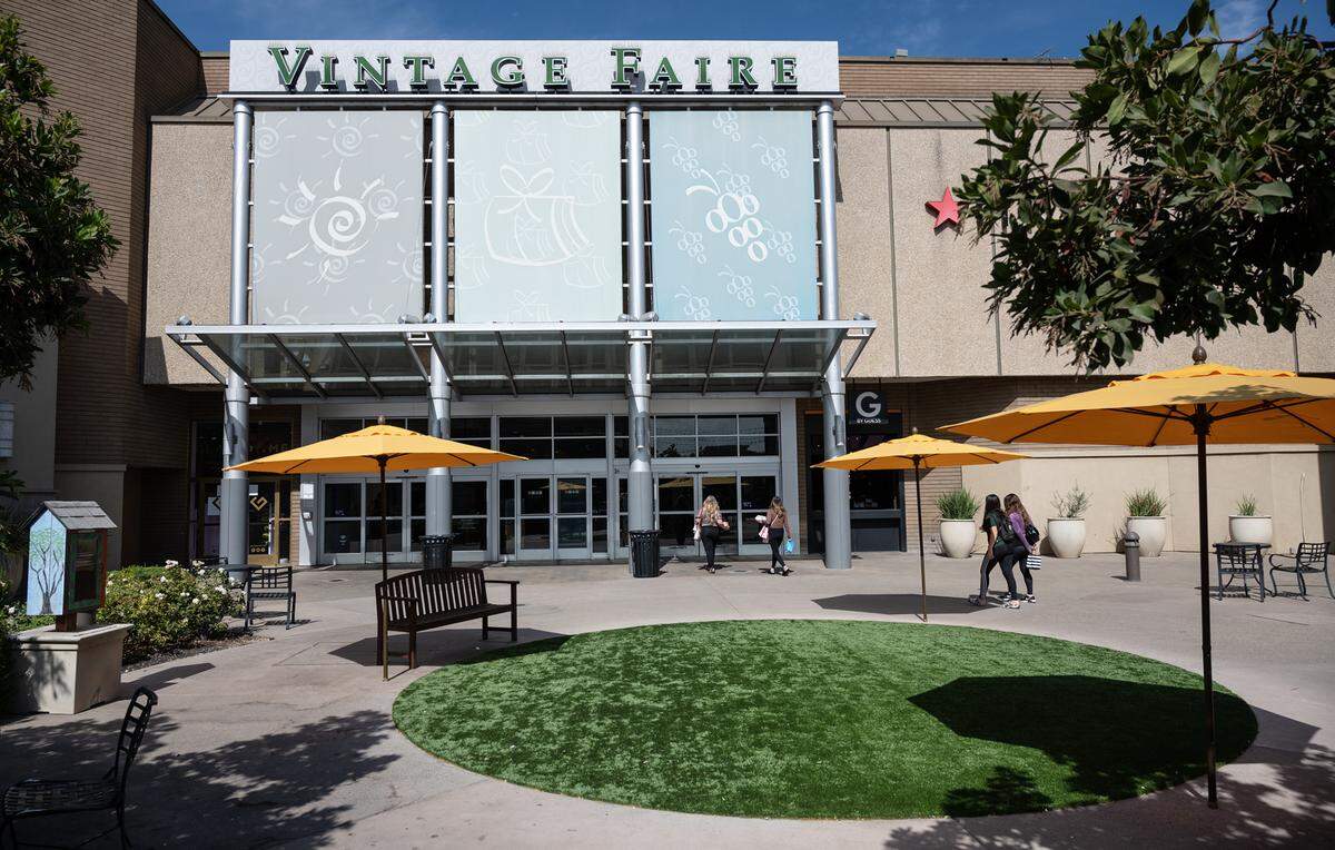 The water fountain at Vintage Faire Mall has been replaced by turf in Modesto, Calif., on Thursday, Oct. 7, 2021.