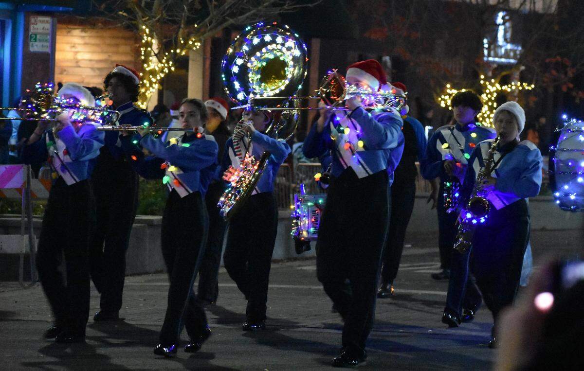 The Celebration of Lights Parade made its way along the streets of downtown Modesto on Saturday night, Dec. 2, 2023, to the theme Toys, Trains and Candy Canes.