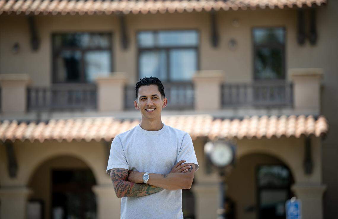 Marco Ahumada outside City Hall in Patterson on  Monday, Aug. 11, 2025. Ahumada bought a home in the new Baldwin Ranch subdivision, unaware of the city’s water issues.