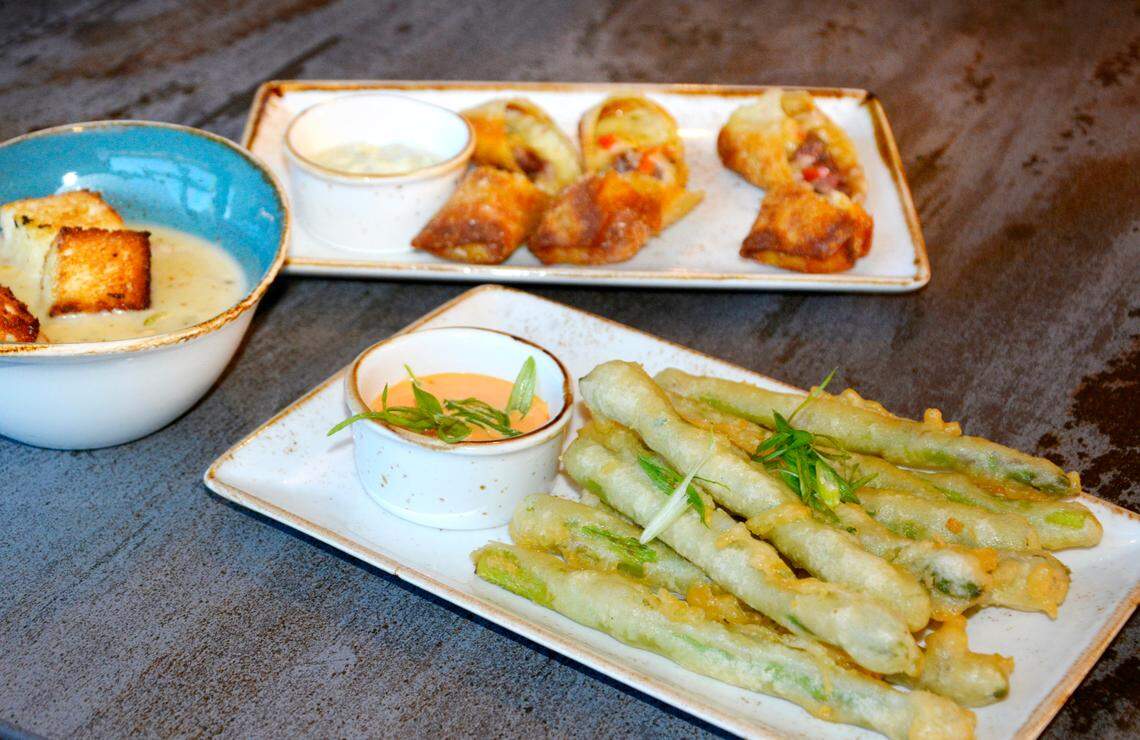 Small plates available on the menu at Oakdale’s Bistro 120 including fried asparagus, philly cheesesteak rolls and clam chowder.