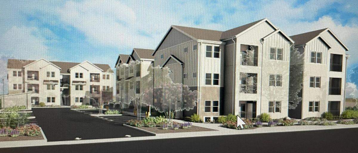 An architect rendering shows a 48-apartment project on Morrill Road that went before the Planning Commission in Riverbank, Calif., on July 15, 2025.