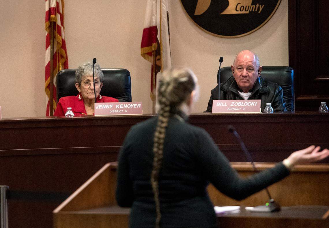 Council members Jenny Kenoyer, left, and Bill Zoslocki listen to public comment during a special Modesto City Council meeting on cannabis dispensary permitting at Tenth Street Place in Modesto, Calif., Wednesday, Dec. 19, 2018.