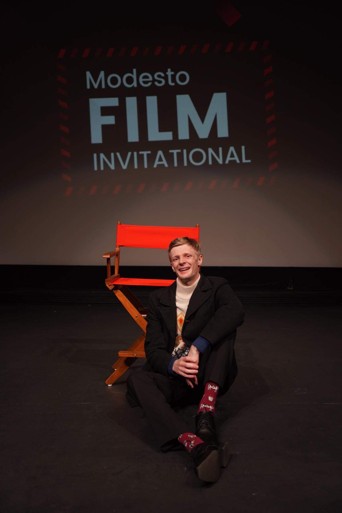 Filmmaker Logan Miller after winning best picture for his film ‘Polyphemus’ at the Modesto Film Invitational.