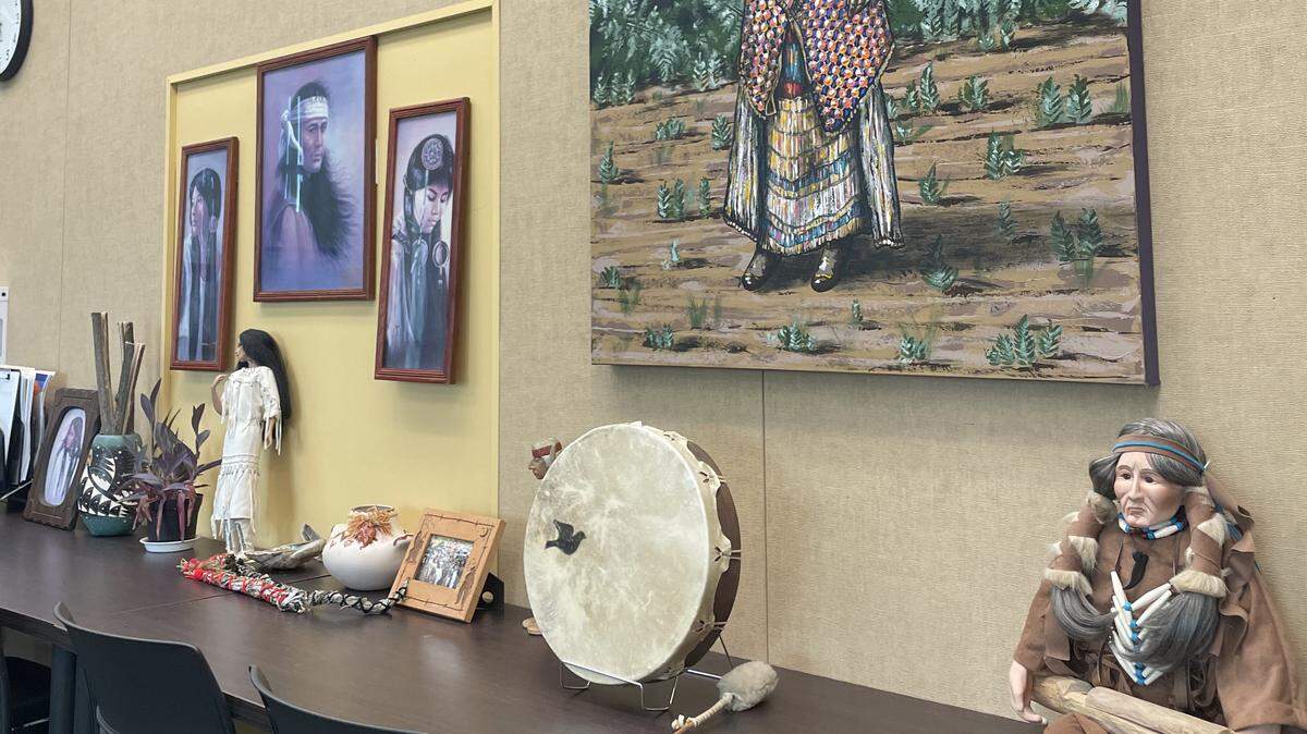 Native art is displayed inside Jacob De La Rosa’s office, where Modesto Junior College’s SIERRA Program is held, shown on Jan. 22, 2026.