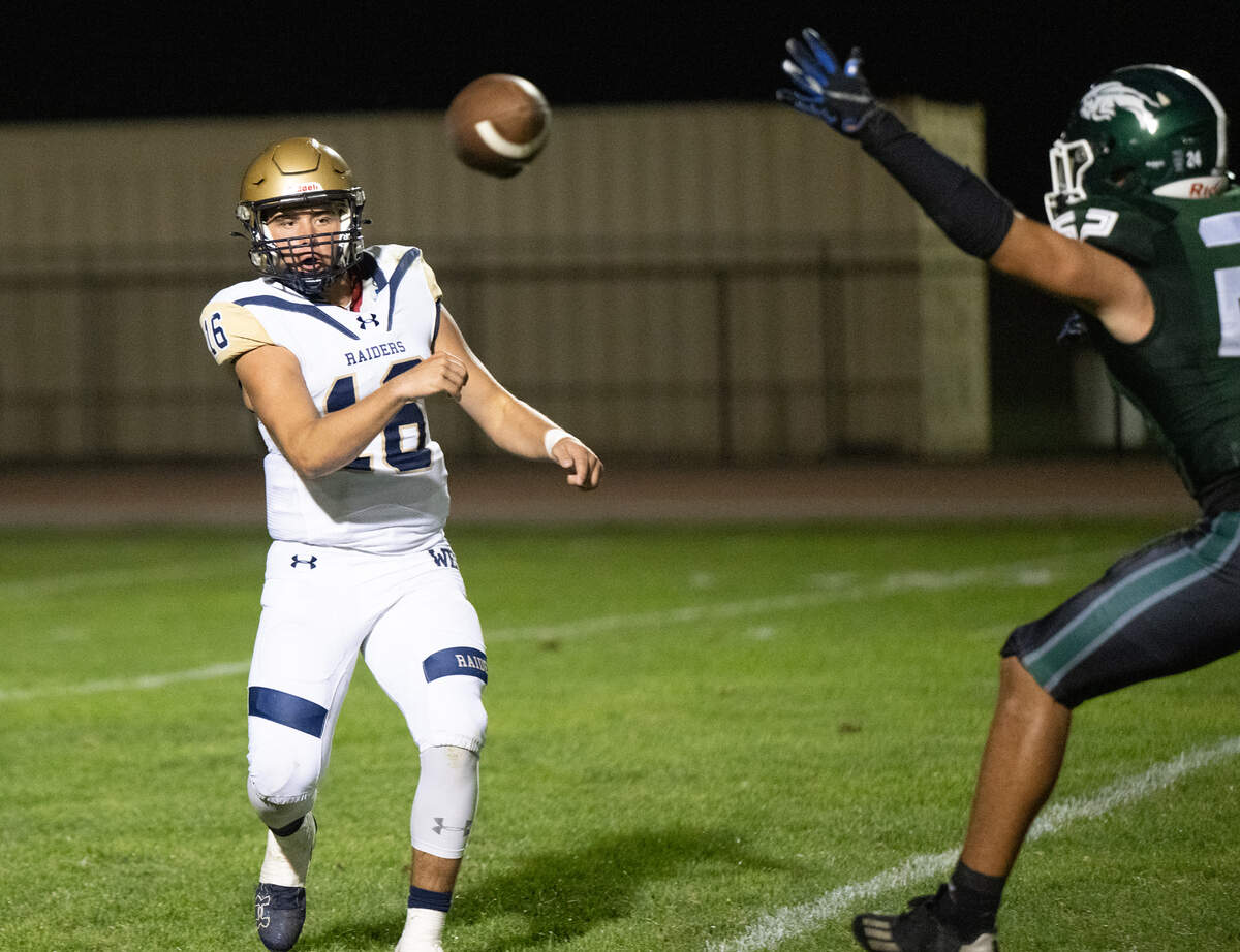 Central Catholic’s Kayden McHenry makes a quick pass during the Valley Oak League game with Manteca at Lathrop High School in Lathrop, Calif., Friday, Sept. 27, 2024.