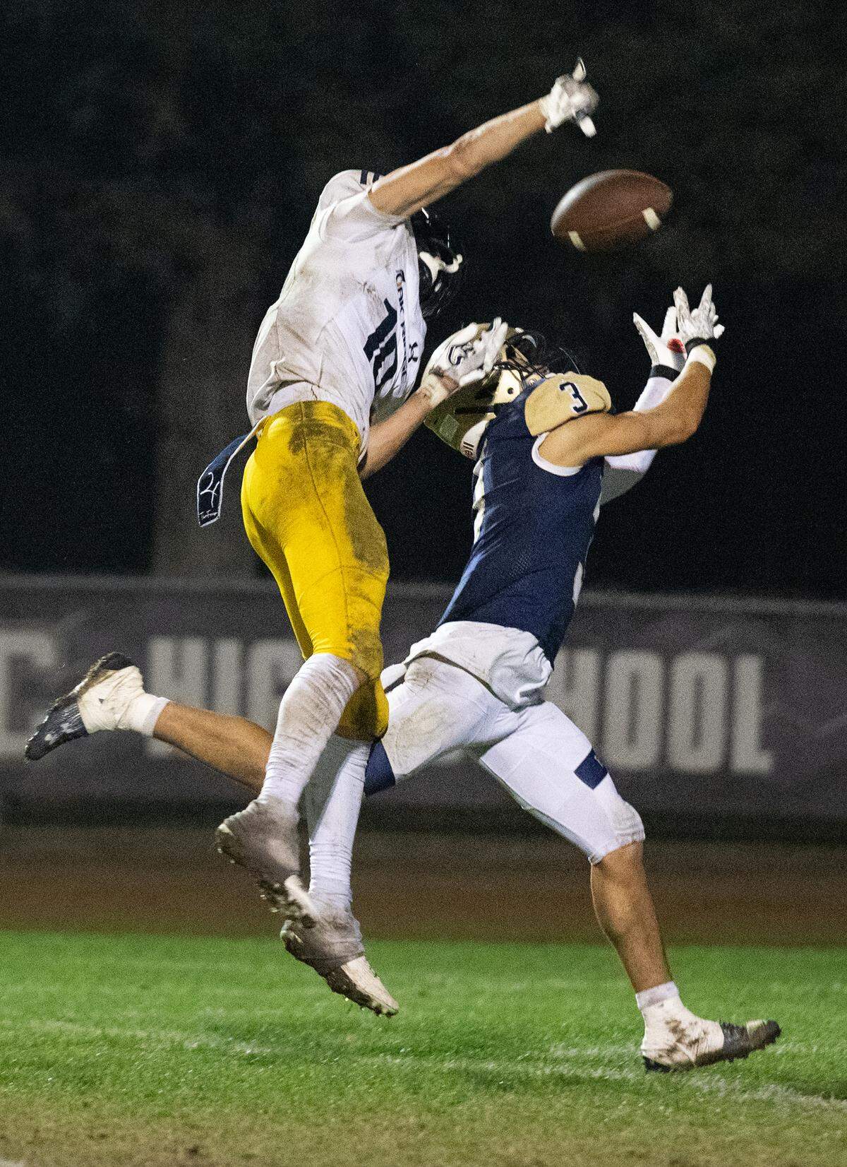 Oak Ridge’s Jasen Womack breaks up a pass to Trace Hernandez during the Sac-Joaquin Section D-I semifinal playoff game with Central Catholic at Central Catholic High School in Modesto, Calif., Friday Nov. 17, 2023. Oak Ridge won the game 31-14.