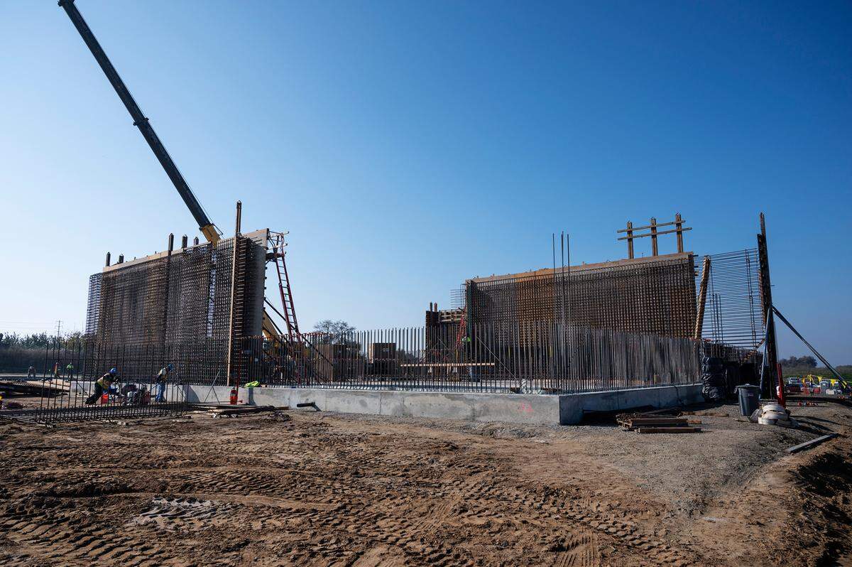 A water treatment plant is being built as part of the Regional Surface Water Supply Project near Hughson, Calif., Dec. 1, 2021. The plant will treat water drawn from the Tuolumne River and will deliver drinking water to Turlock and Ceres starting in 2023.