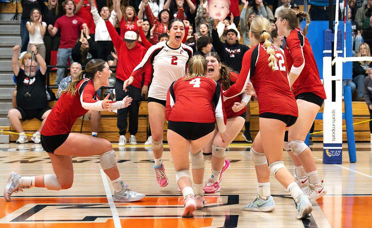 Ripon players celebrate winning the the Sac-Joaquin Section Division IV volleyball championship match 3-0 over Liberty Ranch at Cosumnes River College in Sacramento, Saturday, Nov. 9, 2024.