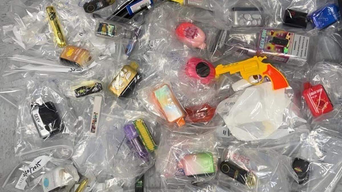 Items including vape devices, nicotine products and THC-related products confiscated during the 2025-26 school year at Turlock Junior High School are shown in a photo released by the Turlock Police Department.
