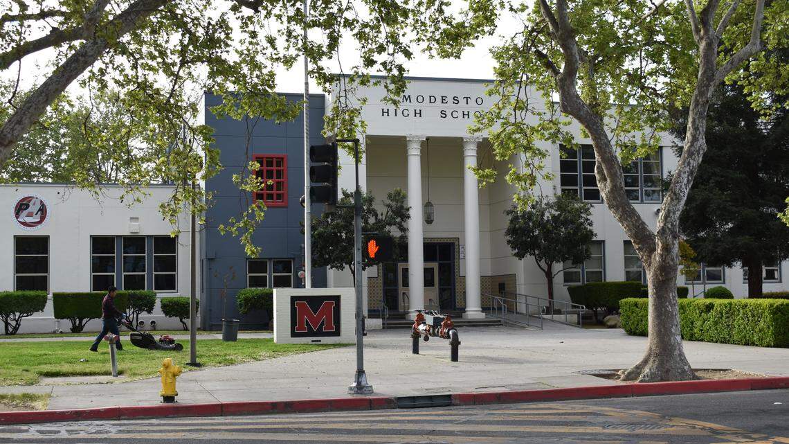 Lawns being mowed was the only visible activity at Modesto High on Tuesday, March 31, 2020, as schools remained closed because of the coronavirus pandemic.