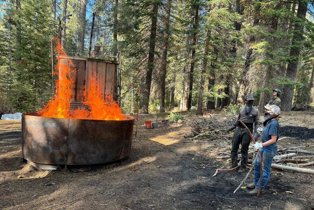 A kiln consumes excess vegetation at the Foothill Horizons nature camp near Sonora, California, on Jan. 23, 2025. It is part of a wildfire safety project at the site, owned by the Stanislaus County Office of Education.