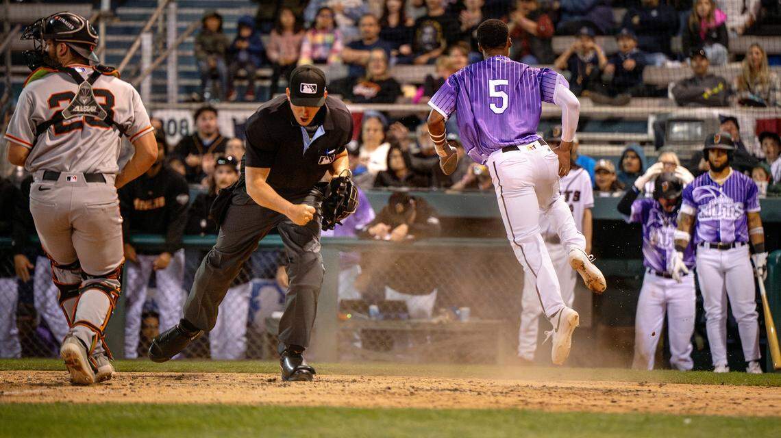 Modesto Nuts’ Curtis Washington Jr. is called out at home during the game with San Jose Giants at John Thurman Field in Modesto, Friday, April 4, 2025.