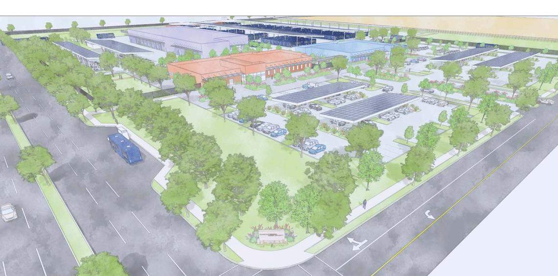 A rendering shows the planned headquarters of the Stanislaus Regional Transit Authority. Its board voted to purchase the land at Crows Landing and Service roads on Sept. 25, 2025.