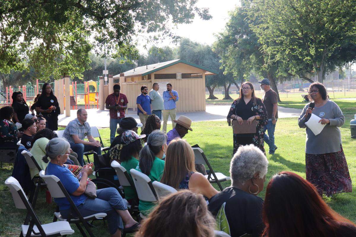 Community members speaking at the forum at Martin Luther King Park on Jun. 20, 2024.