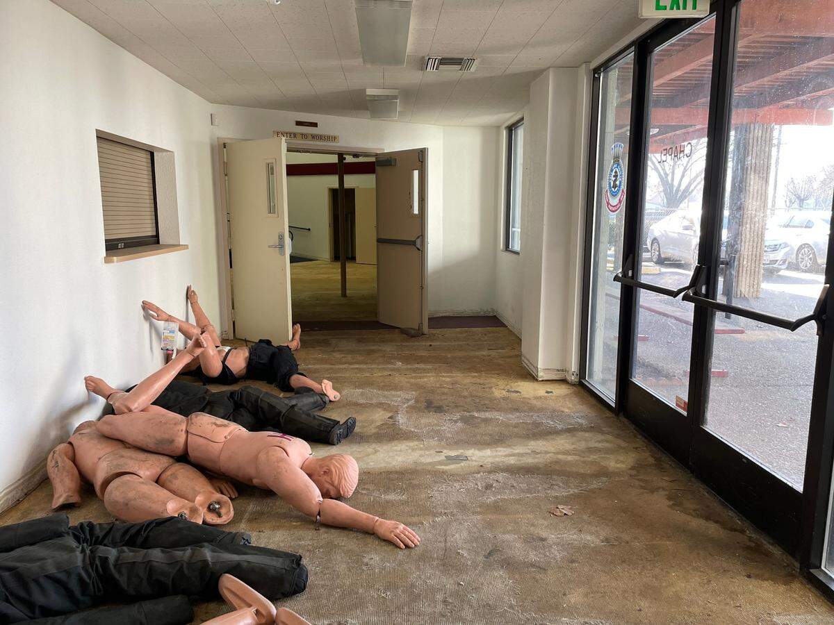 Mannequins lie in the abandoned Salvation Army building where Modesto Police Department runs active shooter drills.
