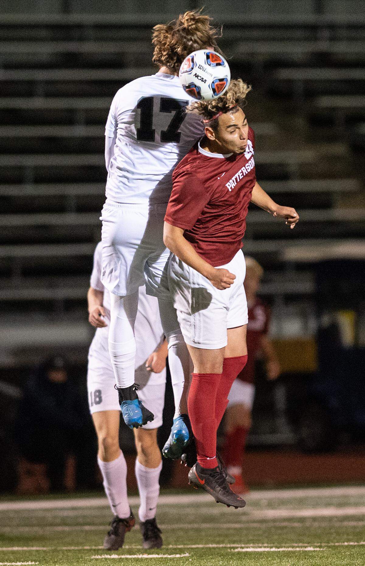 Patterson’s Luis Maravilla and Vista del Lago’s Joseph Leonardi (17) jump for a header during the Sac-Joaquin Section Division III title game at Turlock High School in Turlock, Calif., on Tuesday, Feb. 22, 2022. Vista del Lago (Folsom) won the championship 2-0.