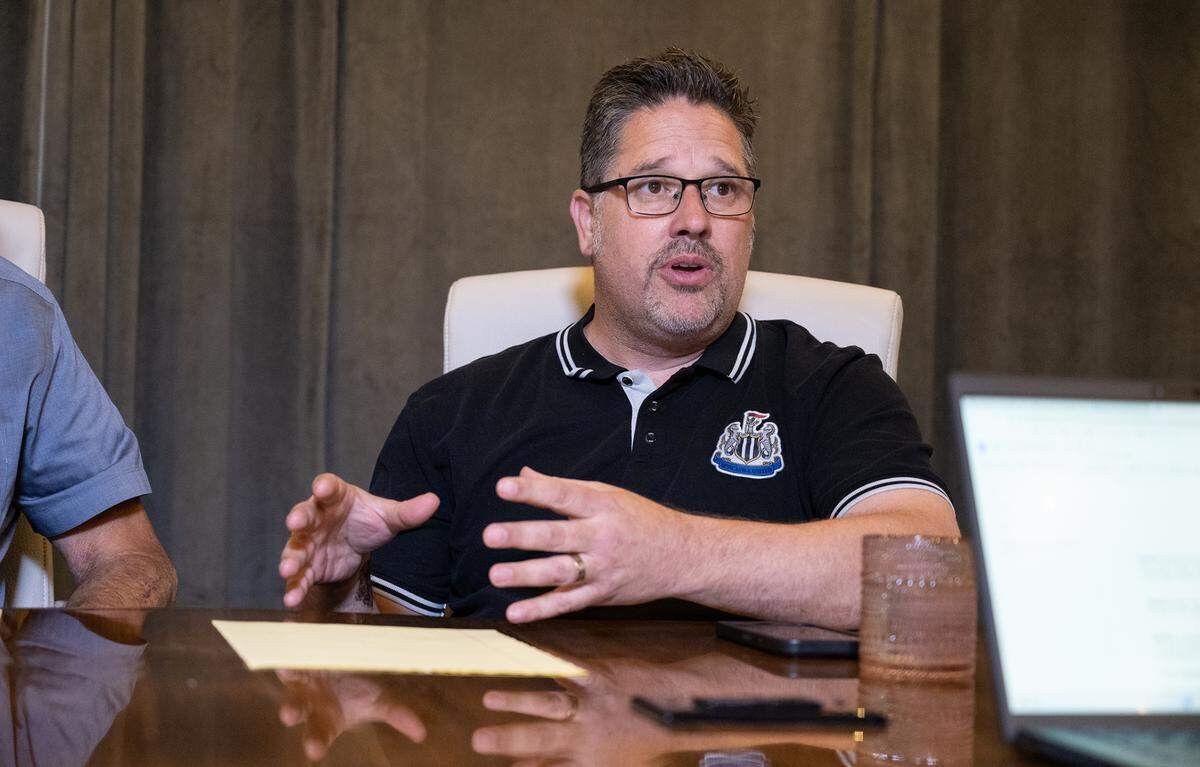 Modesto councilman Chris Ricci speaks during a discussion on “safe camping” at an editorial board meeting with The Modesto Bee in Modesto , Calif., Wednesday, August 23, 2023.