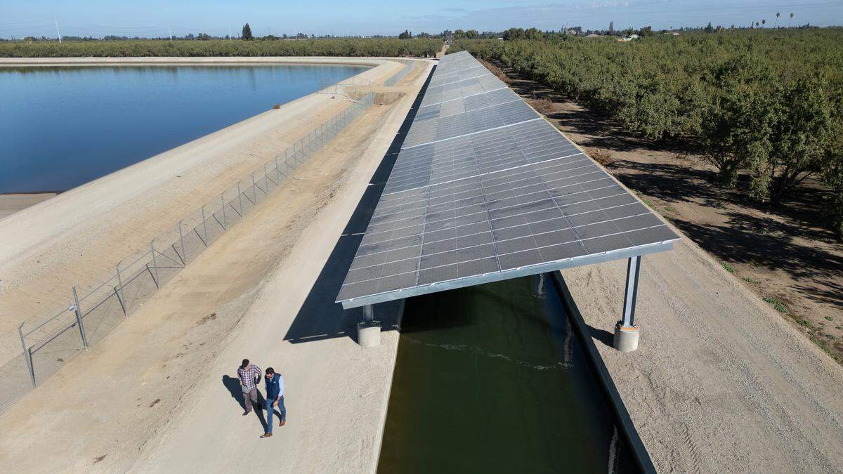 Project Nexus, a Turlock Irrigation District pilot project using solar arrays to cover irrigation canals, is under construction southwest of Keyes, Thursday, Oct. 17, 2024.