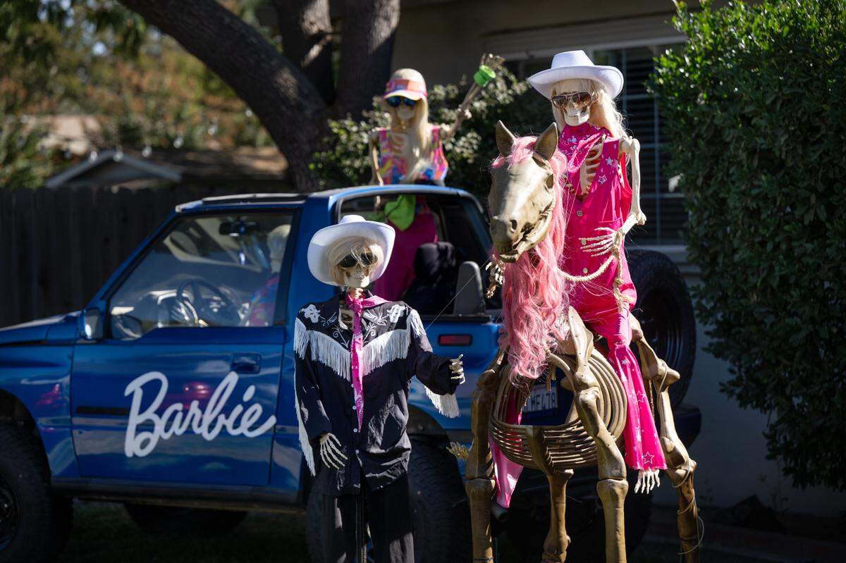 Barbie Bones Land Halloween display at 190 N Minaret Ave in Turlock, Thursday, Oct. 24, 2024.