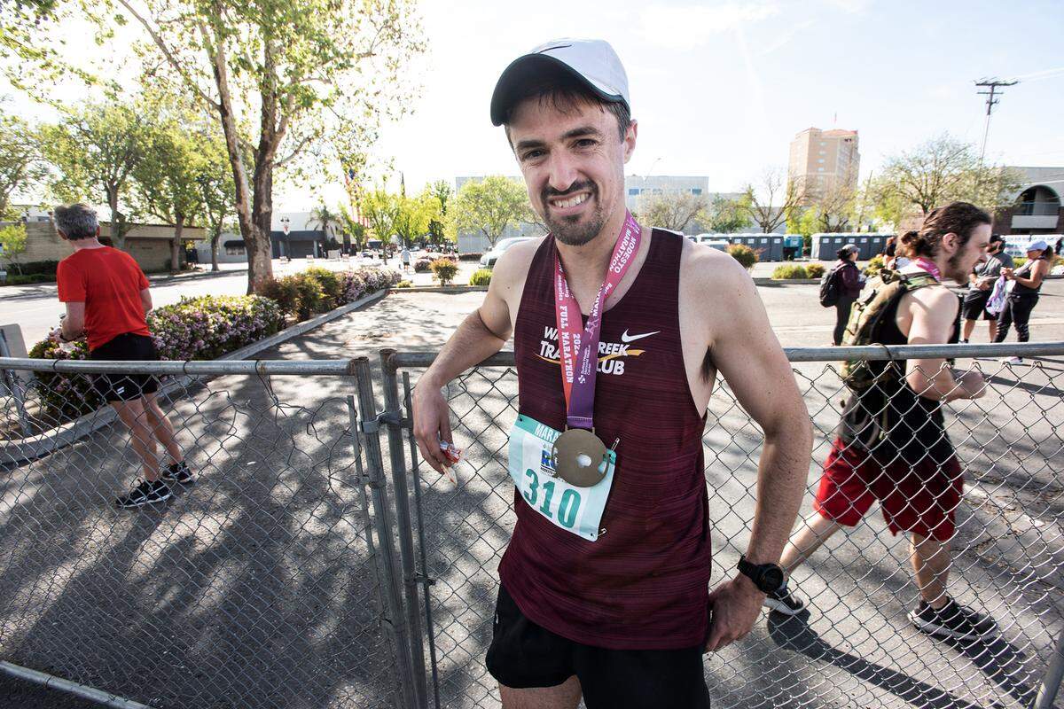 Mens first place finisher David Yott at the Modesto Marathon in Modesto, Calif., on Sunday, March 27, 2022.