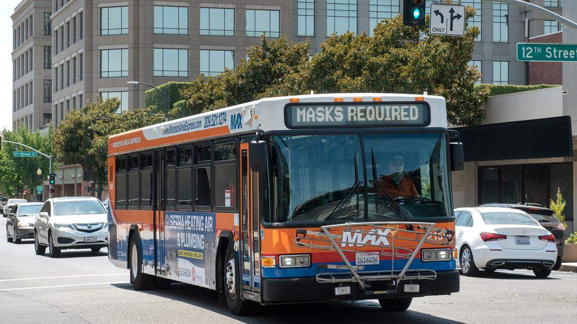 MAX bus with masks required sign in Modesto, Calif., on Wednesday, July 15, 2020.