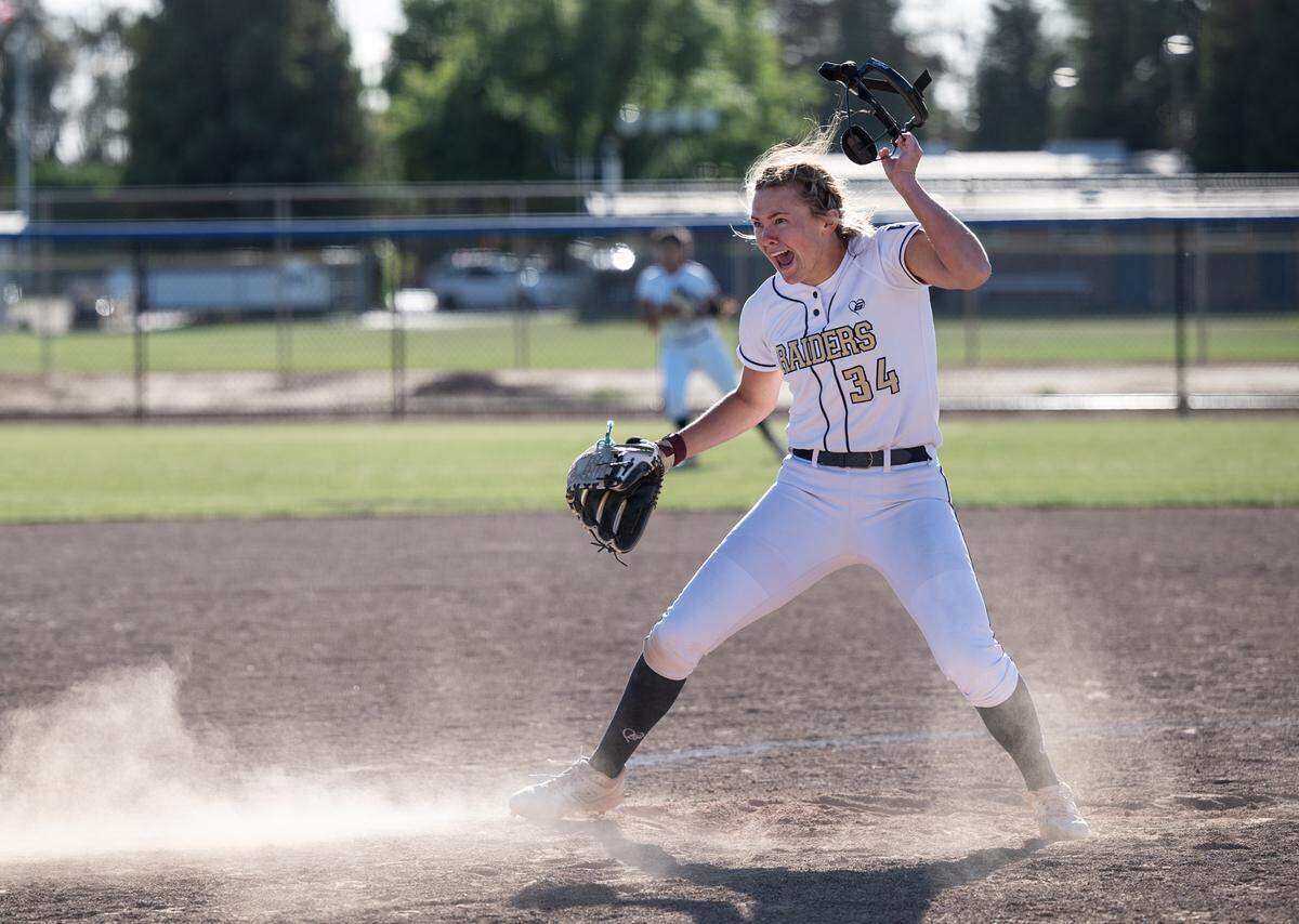 Central Catholic pitcher Randi Roelling reacts after striking out the final Oakdale batter during the Valley Oak League game at Central Catholic High School in Modesto, Calif., on Tuesday, May 10, 2022. Central Catholic won the game 2-1.