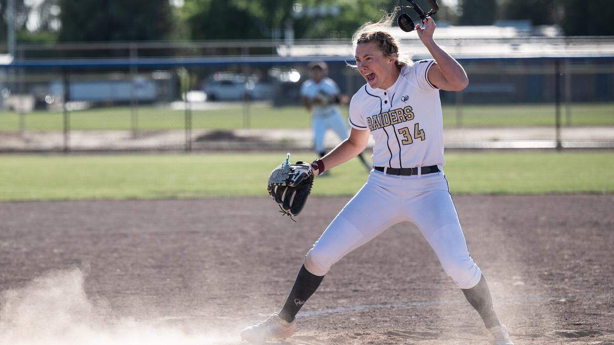 Central Catholic pitcher Randi Roelling reacts after striking out the final Oakdale batter during the Valley Oak League game at Central Catholic High School in Modesto, Calif., on Tuesday, May 10, 2022. Central Catholic won the game 2-1.