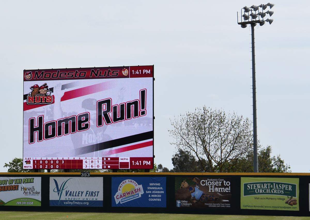 A new digital video board awaits fans for the 2019 Modesto Nuts baseball season. The first home game is Thursday, April 11, against the Stockton Ports.